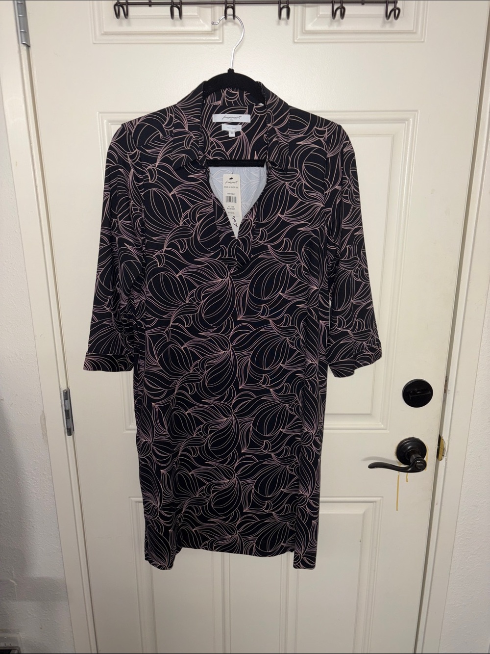 Foxcroft Black Midi Dress with Pale Pink Swirl Print